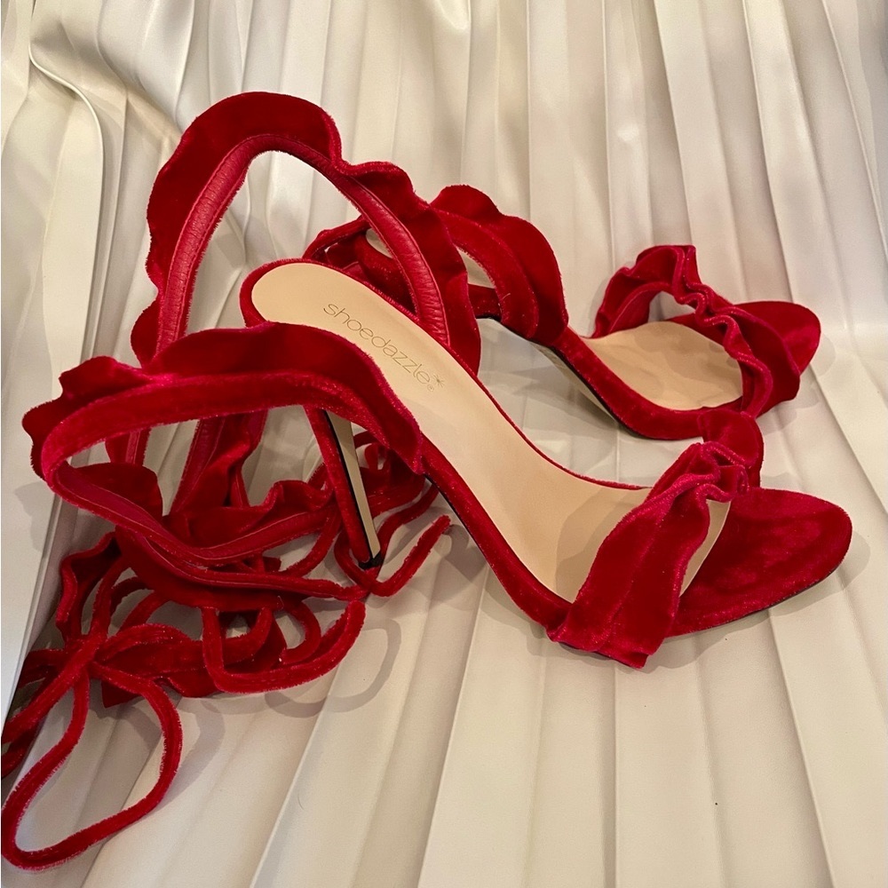 Shoesazzle Shirah Red Velvet Heeled Sandals, Size 7.5, Ruffled and Fabulous